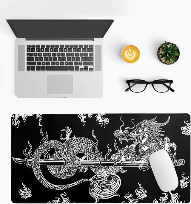 Alt view image 3 of 7 - Dragon Gaming Mouse Pad Black Large Mouse Pad for Keyboard and Mousepad Desk Mat with 3mm Non-Slip Base and Stitched Edge for Gaming and Office Computer Mat Protector Mat 27.6x11.8 Inch