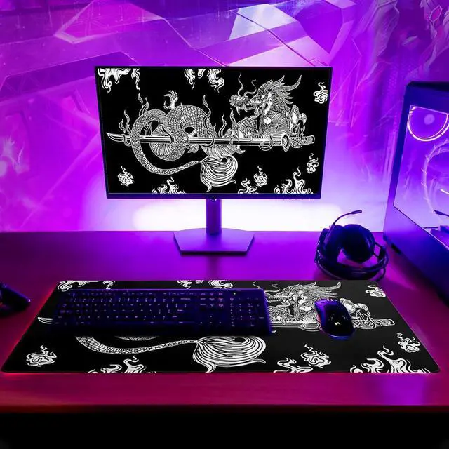 Alt view image 6 of 7 - Dragon Gaming Mouse Pad Black Large Mouse Pad for Keyboard and Mousepad Desk Mat with 3mm Non-Slip Base and Stitched Edge for Gaming and Office Computer Mat Protector Mat 27.6x11.8 Inch