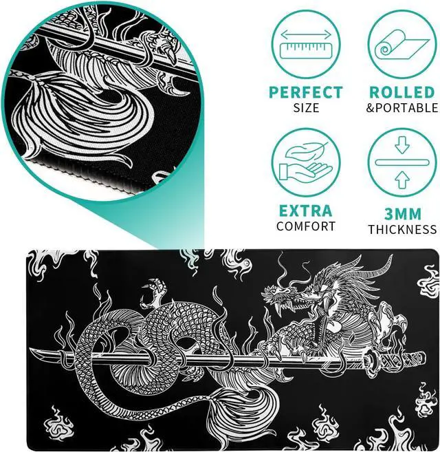 Alt view image 5 of 7 - Dragon Gaming Mouse Pad Black Large Mouse Pad for Keyboard and Mousepad Desk Mat with 3mm Non-Slip Base and Stitched Edge for Gaming and Office Computer Mat Protector Mat 27.6x11.8 Inch