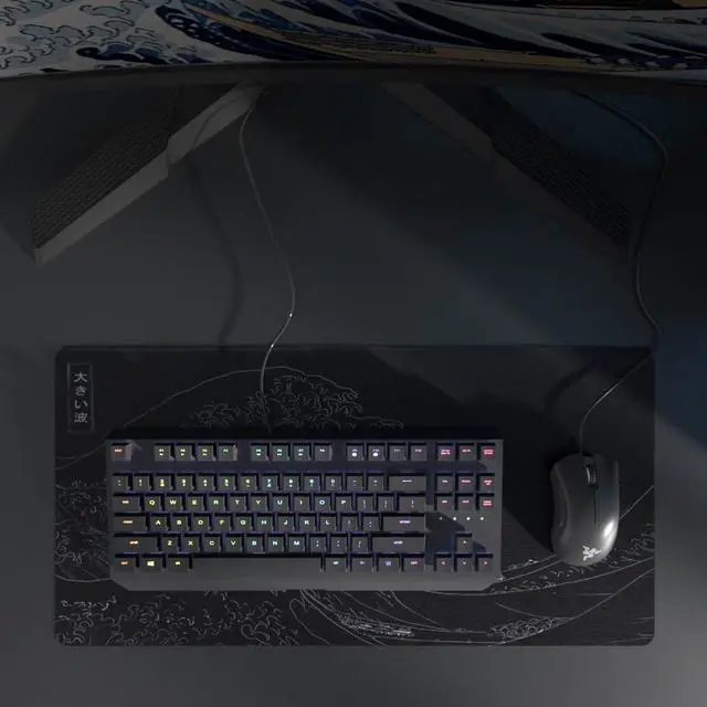 Alt view image 3 of 7 - Large Japanese Sea Wave Mouse Pad Black Anime Desk Mat Extended Non-Slip Keyboard Mouse Pad Kanagawa Office Desk Pad 23.6 x 11.8 Gaming Mouse Pad Desktop Protector for Office and Home