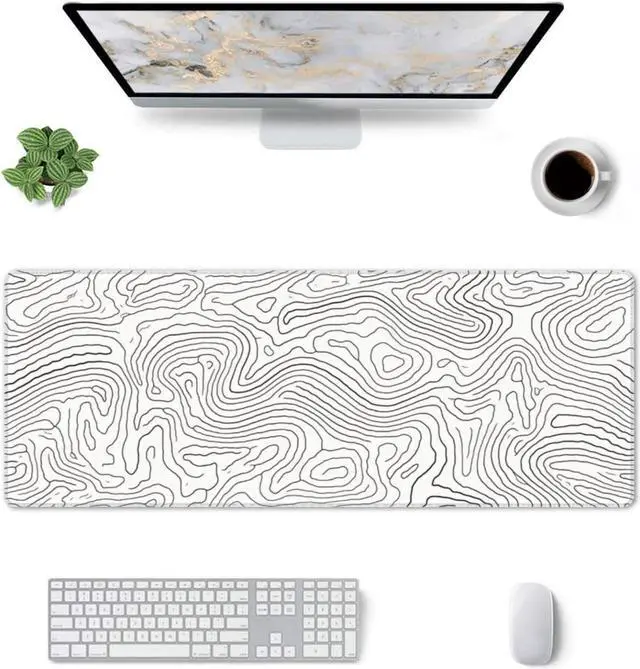Alt view image 3 of 7 - Topographic White Gaming Mouse Pad 12x 31.5in Desk Mat Minimalist Mouse Pads for Desk Extended White Keyboard Mousepad with Non-Slip Base and Stitched Edge