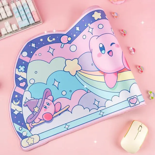Alt view image 2 of 7 - Pink Puff Ball Desk Pad | Kawaii Cute Anime Keyboard Gaming PC Laptop Mat | Large Super Smash Star Allies Forgotten Land Large Mat Mousepad | Pastel Pink Blue Desk Blotter Protector
