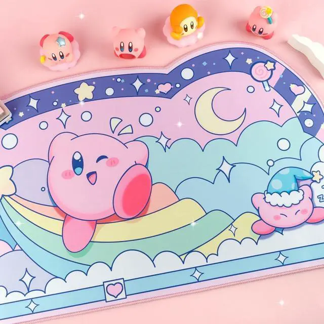 Alt view image 3 of 7 - Pink Puff Ball Desk Pad | Kawaii Cute Anime Keyboard Gaming PC Laptop Mat | Large Super Smash Star Allies Forgotten Land Large Mat Mousepad | Pastel Pink Blue Desk Blotter Protector