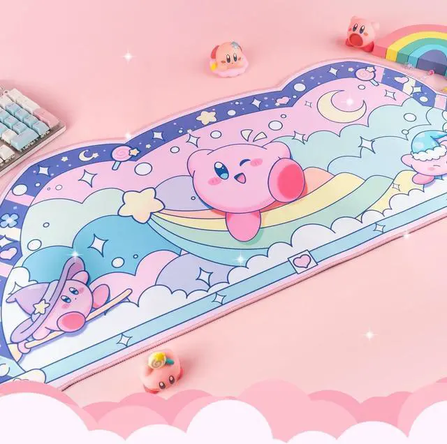 Alt view image 4 of 7 - Pink Puff Ball Desk Pad | Kawaii Cute Anime Keyboard Gaming PC Laptop Mat | Large Super Smash Star Allies Forgotten Land Large Mat Mousepad | Pastel Pink Blue Desk Blotter Protector