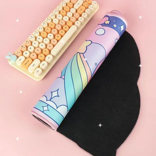 Alt view image 5 of 7 - Pink Puff Ball Desk Pad | Kawaii Cute Anime Keyboard Gaming PC Laptop Mat | Large Super Smash Star Allies Forgotten Land Large Mat Mousepad | Pastel Pink Blue Desk Blotter Protector