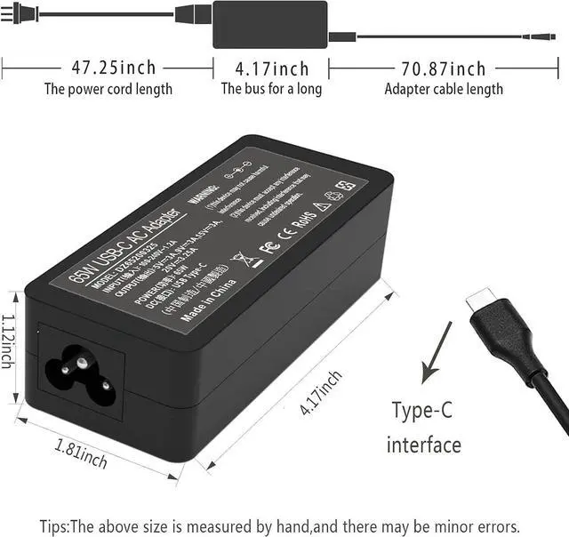 Alt view image 6 of 7 - 65W 45W  Laptop Charger USB C for  Latitude 5420 5520 5320 7420 7430 7400 7370 7390 7275 7285 XPS 13 7390 9350 9380 9370 9360 9310 9365 9300 9550 USB C Laptop Charger