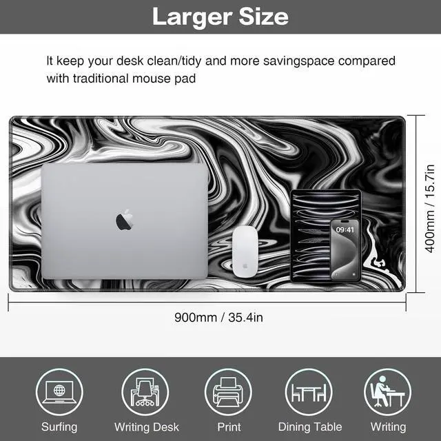 Alt view image 6 of 7 - Gaming Mouse Pad Large Mouse Pad XXL 35.4×15.7in Extended Computer Keyboard Mouse Mat Desk Pad for Laptop with Stitched Edges Waterproof Mousepad for Gamer Home&Office (Fluid - Black & White)