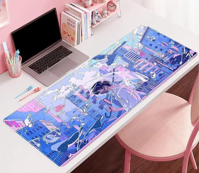 Alt view image 2 of 6 - Anime Kawaii Desk Mat Mousepad Cute Japanese Large Gaming Mouse Pad XXL Pastel Aesthetic Purple Blue Laptop Keyboard Mouse Mat Magical Fantasy City Girl Gamer Computer Desktop Mat 31.5x15.75 in