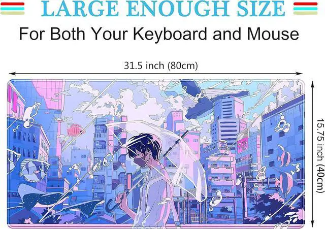 Alt view image 3 of 6 - Anime Kawaii Desk Mat Mousepad Cute Japanese Large Gaming Mouse Pad XXL Pastel Aesthetic Purple Blue Laptop Keyboard Mouse Mat Magical Fantasy City Girl Gamer Computer Desktop Mat 31.5x15.75 in