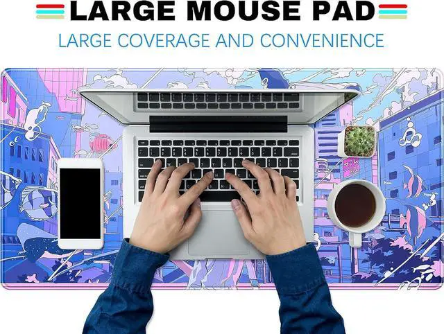Alt view image 4 of 6 - Anime Kawaii Desk Mat Mousepad Cute Japanese Large Gaming Mouse Pad XXL Pastel Aesthetic Purple Blue Laptop Keyboard Mouse Mat Magical Fantasy City Girl Gamer Computer Desktop Mat 31.5x15.75 in