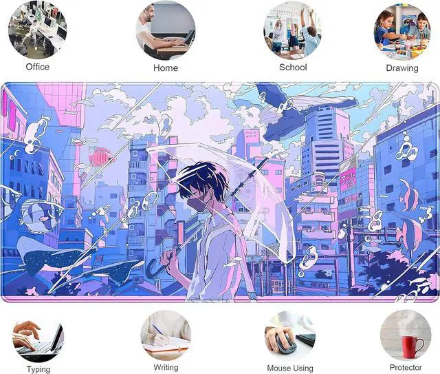 Alt view image 5 of 6 - Anime Kawaii Desk Mat Mousepad Cute Japanese Large Gaming Mouse Pad XXL Pastel Aesthetic Purple Blue Laptop Keyboard Mouse Mat Magical Fantasy City Girl Gamer Computer Desktop Mat 31.5x15.75 in