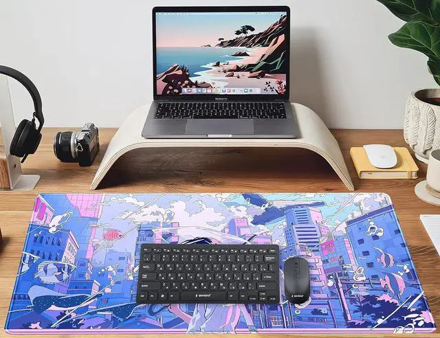 Alt view image 6 of 6 - Anime Kawaii Desk Mat Mousepad Cute Japanese Large Gaming Mouse Pad XXL Pastel Aesthetic Purple Blue Laptop Keyboard Mouse Mat Magical Fantasy City Girl Gamer Computer Desktop Mat 31.5x15.75 in