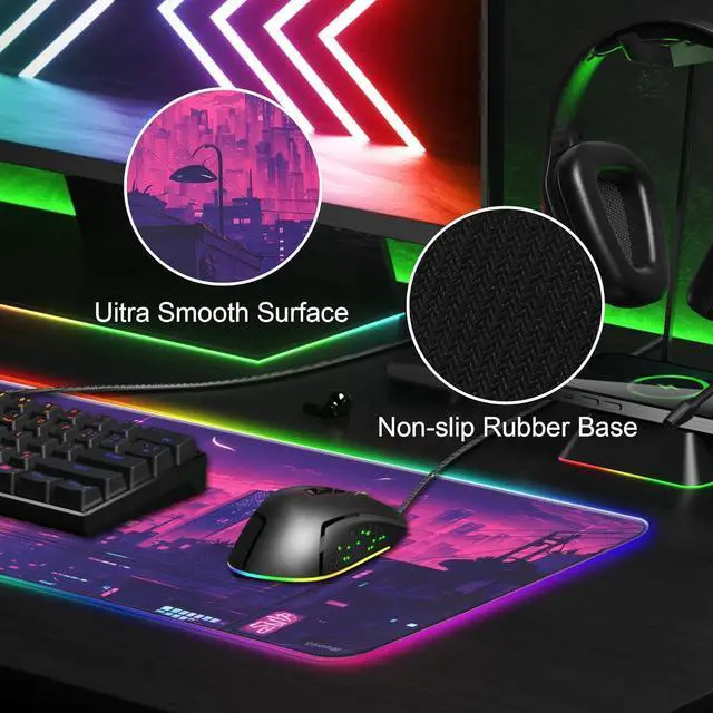 Alt view image 4 of 6 - Anime RGB Gaming Mouse Pad Large LED Mousepad with Durable Nylon Stitched Edges and Non-Slip Rubber Base 31.5X 11.8 Inch Glowing Game Mouse Mat for Personalized Gamer(80x30 US-FGartcity)