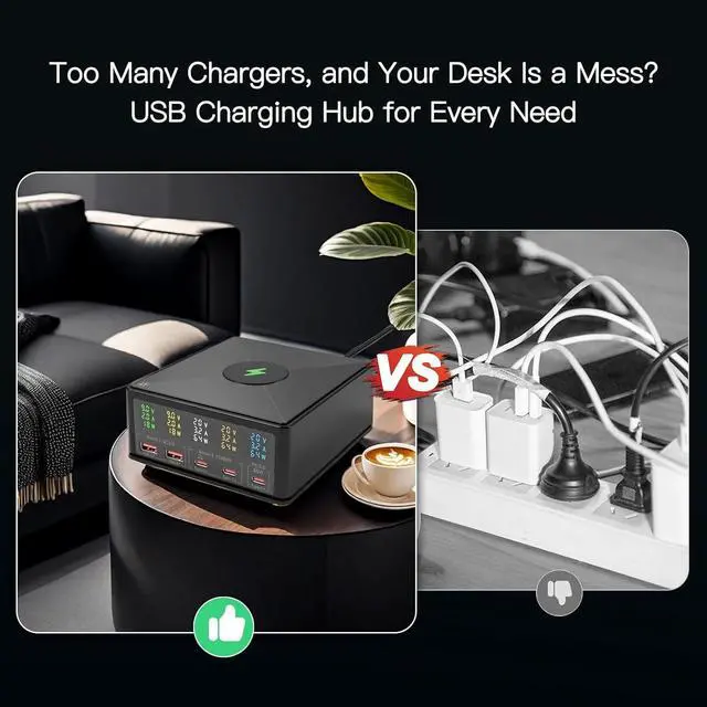 Alt view image 2 of 7 - USB Charger Station Multi Port: Desktop 160W Power Fast Charging Hub Wall Block PD 3.0  5 Ports with Wireless Pad & Digital Display