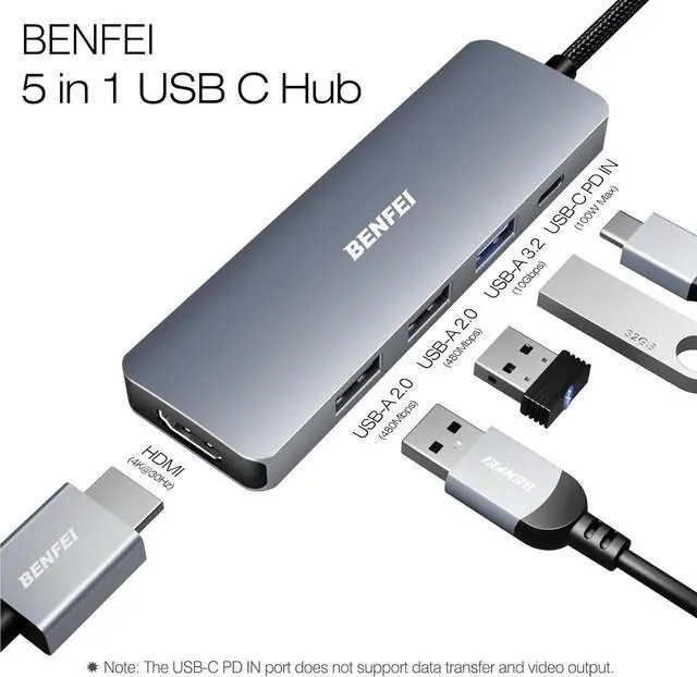 Alt view image 3 of 7 - USB C Hub 5-in-1 with 4K HDMI(Certified) 100W Power Delivery 3 USB-A Silicone Cable Aluminum Case Compatible with MacBook Pro/Air iPad Pro iMac iPhone 15 Pro/Pro Max XPS Thinkpad