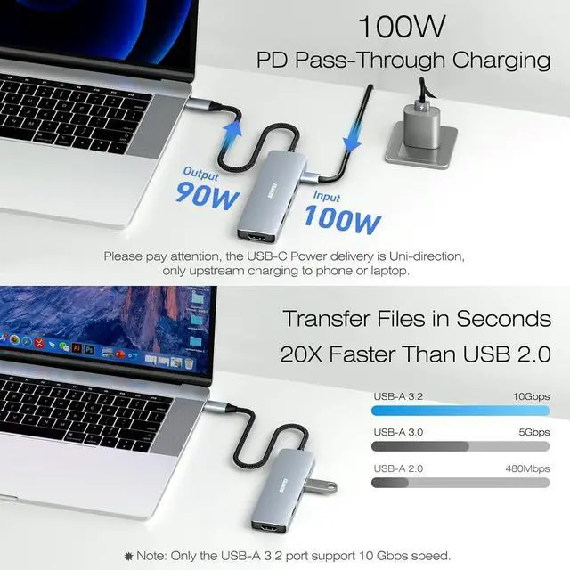 Alt view image 5 of 7 - USB C Hub 5-in-1 with 4K HDMI(Certified) 100W Power Delivery 3 USB-A Silicone Cable Aluminum Case Compatible with MacBook Pro/Air iPad Pro iMac iPhone 15 Pro/Pro Max XPS Thinkpad