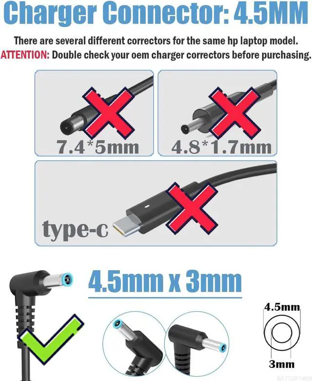 Alt view image 3 of 7 - 45W 19.5V 2.31A Laptop Power Adapter Charger for HP 741727-001 721092-001 719309-001 HSTNN-DA40 ADP-45WD B, Pavilion TouchSmart 11 13 15 Stream 14 13 11 Notebook Charging Cord with Blue Tip, 45W max