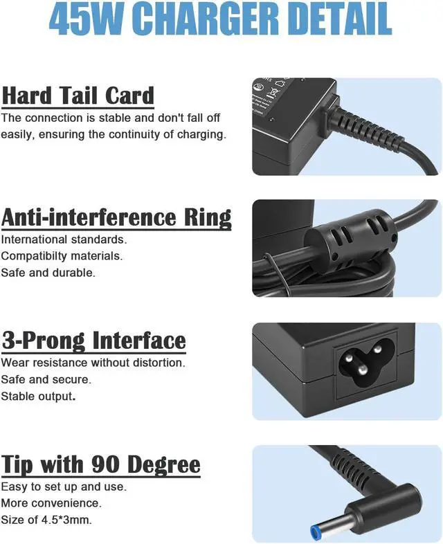 Alt view image 4 of 7 - 45W 19.5V 2.31A Laptop Power Adapter Charger for HP 741727-001 721092-001 719309-001 HSTNN-DA40 ADP-45WD B, Pavilion TouchSmart 11 13 15 Stream 14 13 11 Notebook Charging Cord with Blue Tip, 45W max