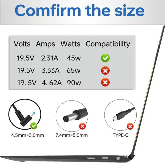 Alt view image 3 of 7 - 45W Laptop Charger Fit for HP 741727-001 HP Pavilion x360 15-f272wm 15-f233wm 15-f222wm 15-f211wm 740015-001 l25296-001 213349-009 HSTNN-LA40 19.5V 2.31A Blue Tip Smart Power AC Adapter