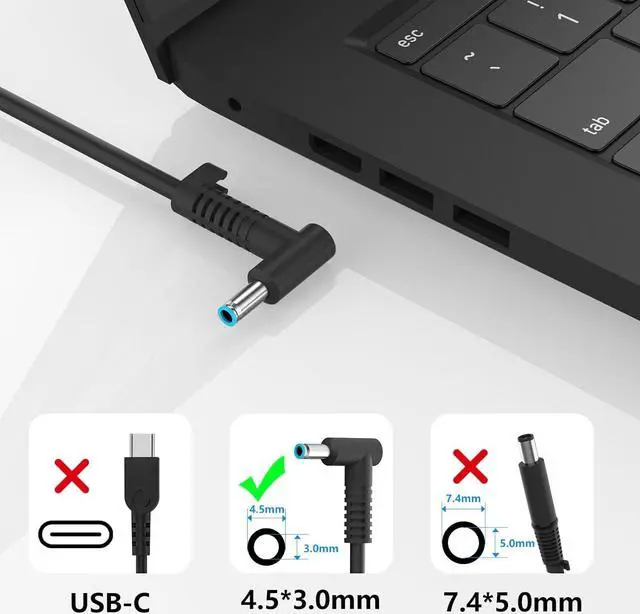 Alt view image 3 of 7 - 45W 19.5V 2.31A L25296-001 L25296-003 741727-001 Laptop Charger Fit for HP L25296-002/004 213349-109 Pavilion 15 14 13 11 Notebook Stream 14 13 11 Series Envy X360 Blue Tip Adapter Power Cord