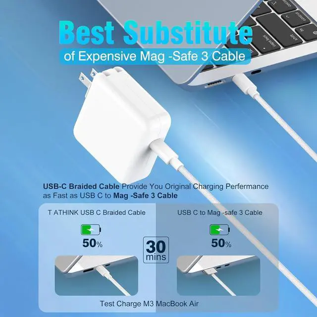 Alt view image 2 of 7 - Charger for MacBook Air 13 13.6 15 inch M1 M2 M3 M4 MacBook Pro 13 14 15 16 2024 2023 2022 2021 2020 2019 2018 Super Compact 70W USB C Power Adapter 6.6FT USB C to C Braided Cable Original Quality