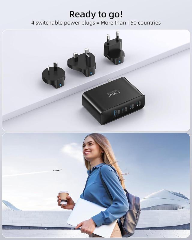 Alt view image 2 of 7 - 100W USB C Travel Charger, 4-Ports Foldable Travel Adapter Plug Converter with UK/EU/AU Plugs,Fast Charging for Macbook Pro/Air - iPad Pro - iPhone 16/15 Pro Max, for 45w  Galaxy, Black