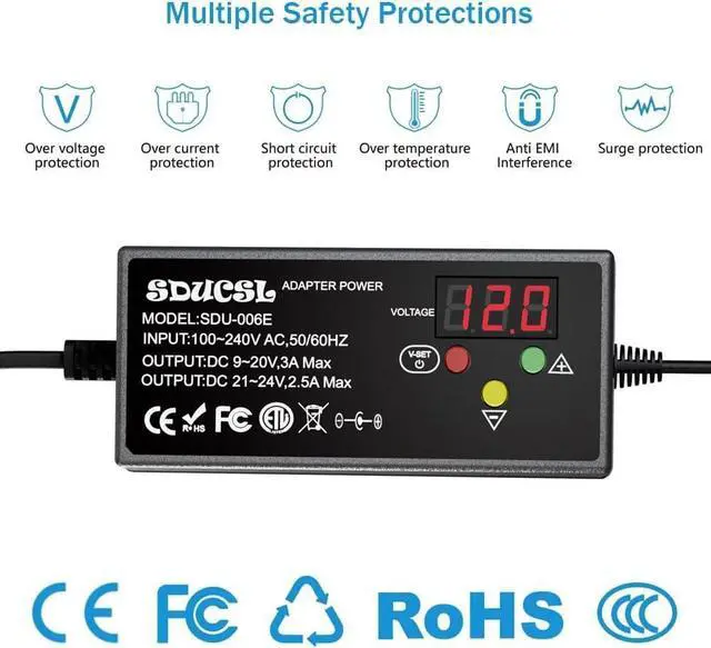 Alt view image 5 of 6 - Universal AC/DC Power Supply 5-24V 60W Universal Power Adapter with 8 Tips 100-240V AC to DC 5V 9V 12V 15V 18V 20V 21V 24V 3A Max Switching Power Supply Transformer Universal Charger for All Devices