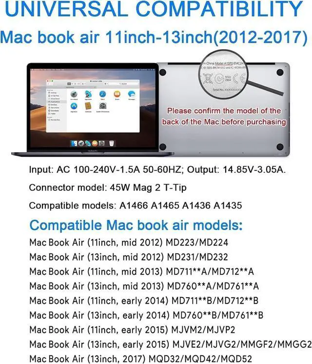 Alt view image 2 of 6 - Mac Book Air Charger Replacement for 45W T-Tip Power Adapter Compatible with Mac Book Air 11 inch & 13 inch Between 2012-2017