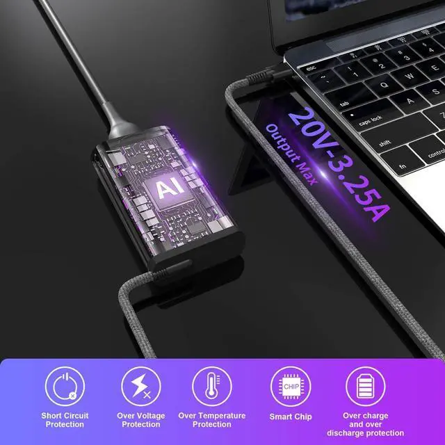 Alt view image 4 of 7 - New Slim 65W Watt USB Type C Laptop Charger for HP Spectre X360 Envy X360 HP Computer Chromebook EliteBook X360 Zbook ProBook Elite X2 Replacement for Fast Charging Travel AC Adapter Power Cord