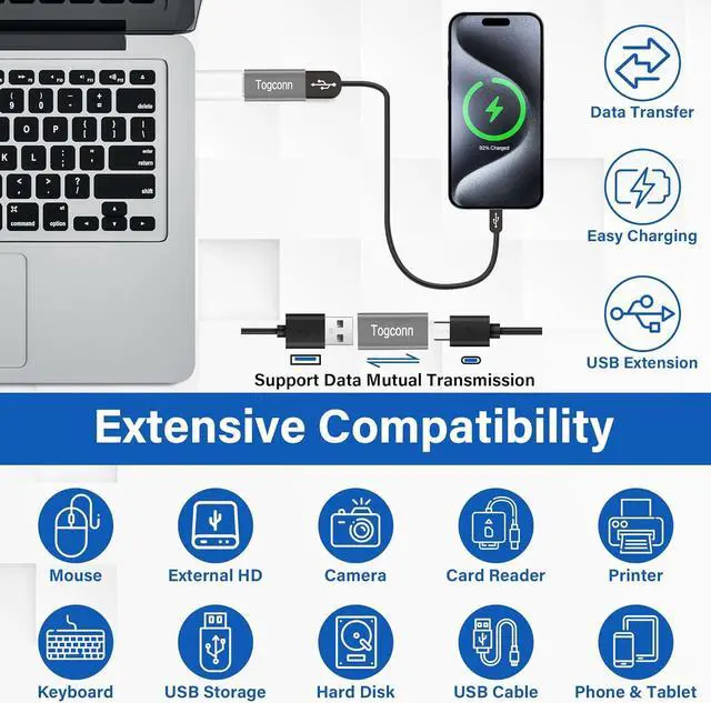 Alt view image 2 of 5 - USB C to USB 3.0 Adapter (4 Pack) USB Type-C (Female) to USB A (Female) Coupler Convert Bi-Directional High Speed USB Extension Connector Support Charge & Data Sync