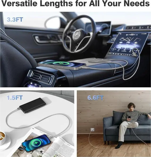 Alt view image 5 of 7 - iPhone 16 Charger Cord 1.5/3.3/6.6FT 3-Pack USB to USB-C Car Charging Cable for New Apple 16 Pro Max Plus 15 Airpods 4 4th Gen ipad Mini 7  Galaxy S24 S23 Ultra Note 20 Tab A7 A54 A53 Type-C