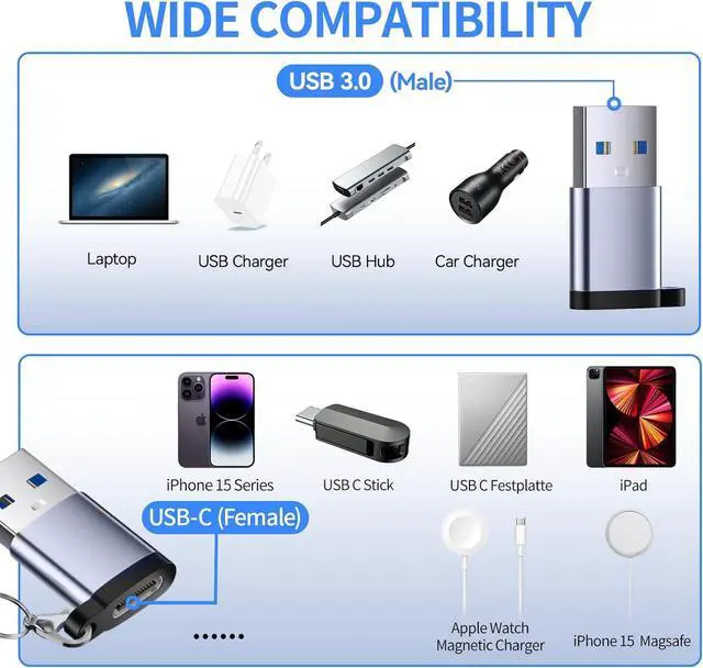 Alt view image 2 of 7 - USB to USB C Adapter USB C Male to USB 3.0 Female 2 Pack Type C Female to A Male Charger ConverterUSB C Female to USB Male Adapter Compatible for Apple Watch Ultra 8 9 iPhone 15 Pro Max 14 13 12 OTG