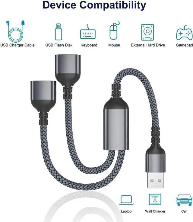 Alt view image 6 of 7 - USB Splitter 1 in 2 Out 1FT USB Y Cable Double USB Adapter USB Male to Two Female Extension Cord Dual Port Extender Hub Data Power Charger Split for TV PC Laptop MacBook Keyboard PS4 PS5
