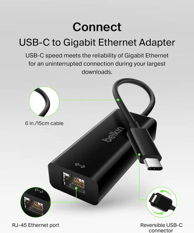 Alt view image 2 of 7 - USB-C to Ethernet Adapter Gigabit Ethernet Port Compatible w/ USB-C Devices USB-C to Ethernet Cable for MacBook Pro &  XPS 13 Laptops Ethernet USB-C Hub Ethernet USB-C Adapter - Black