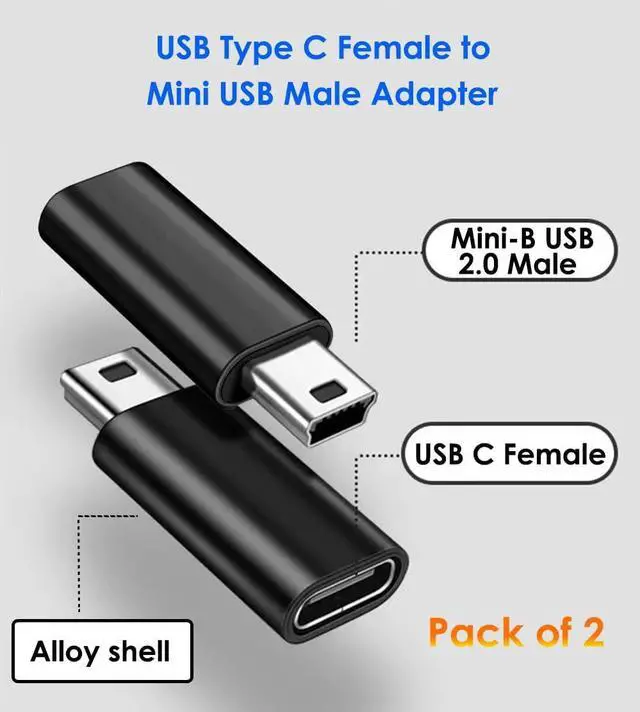 Alt view image 2 of 7 - USB C to Mini USB Adapter 2 Pack USB Type C Female to Mini USB 2.0 Type-B Male Adapter Support Charging and Data Transfer Compatible Digital Camera MP3 Player Dash Cam and More Black