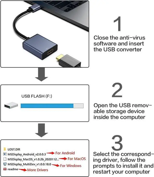 Alt view image 6 of 7 - USB to HDMI Adapter USB 3.0/2.0 to HDMI for Multiple Monitors 1080P Compatible with Windows 7/8/10/11Grey