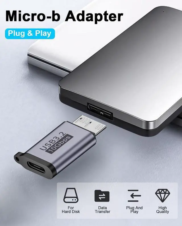 Alt view image 2 of 7 - USB C to Micro B Adapter 10Gbps Micro B to USB C Adapter 3.2 USB Type C Female to Micro B Male Converter Adapter for Hard Drive Cable External Hard SSD Drive Tablet Phone Laptop 2 Pack