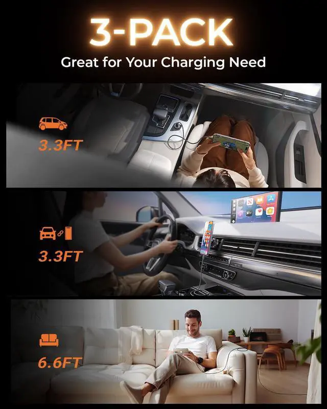 Alt view image 2 of 7 - USB A to USB C Cable 3-Pack [3.3+3.3+6.6FT] USBC to USB 3.2A C Chargers Fast Charging for iPhone 16 Charger Cord  Note 20 10/S24 S23 S22/A20 A51 LG Moto G7 Carplay Android Auto