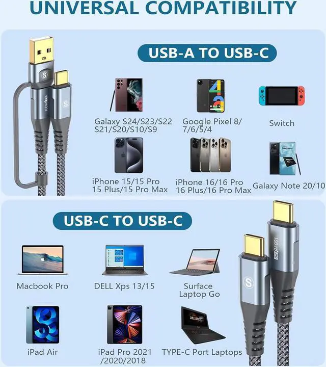 Alt view image 3 of 7 - USB C Charger Cable 6.6ft PD 100w Fast Charging 2 in 1 USB A/C to USB C Cable Nylon Braid Type C Cord for iPhone 16 15 Pro Max Plus MacBook iPad Pro  Galaxy S25 S24 S23 Note 20 10 Pixel LG Moto