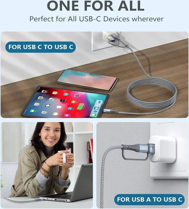 Alt view image 5 of 7 - USB C Charger Cable 6.6ft PD 100w Fast Charging 2 in 1 USB A/C to USB C Cable Nylon Braid Type C Cord for iPhone 16 15 Pro Max Plus MacBook iPad Pro  Galaxy S25 S24 S23 Note 20 10 Pixel LG Moto