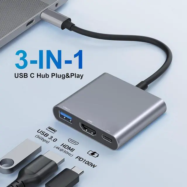 Alt view image 2 of 7 - USB C to HDMI Adapter USB C Digital AV Multiport Adapter USB Type C Converter to 4K HDMI USB 3.0 100W PD for MacBook Pro/Air iPad Pro  Chromebook HP  etc