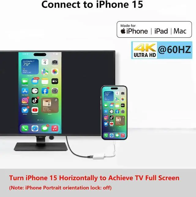 Alt view image 3 of 7 - [MFi Certified] USB C to HDMI Adapter for iPhone 16 15 to TV 4K@60Hz Type-C to HDMI Adapter with 100W Fast Charging Port for iPhone 16/16 Plus/16 Pro/16 Pro Max/15 Pro Max to HDTV Projector Monitor