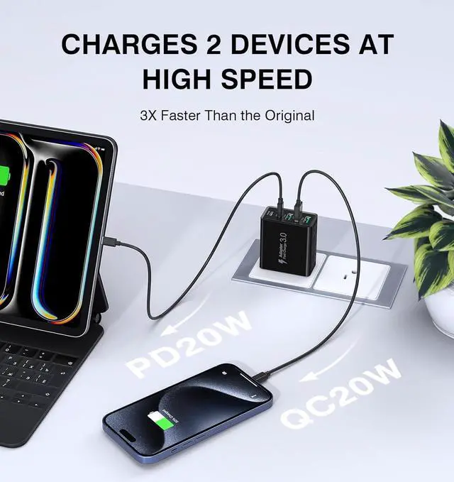 Alt view image 3 of 7 - [2-Pack] USB C Wall Charger 50W USB C Charger Block 5-Port PD Fast Charging Blocks 2USB C+3USB A Multiport Plug Type C Power Adapter Brick Cube for iPhone 16/15/14/13/Pro  for SwitchBlack