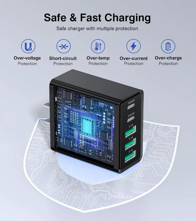 Alt view image 4 of 7 - [2-Pack] USB C Wall Charger 50W USB C Charger Block 5-Port PD Fast Charging Blocks 2USB C+3USB A Multiport Plug Type C Power Adapter Brick Cube for iPhone 16/15/14/13/Pro  for SwitchBlack