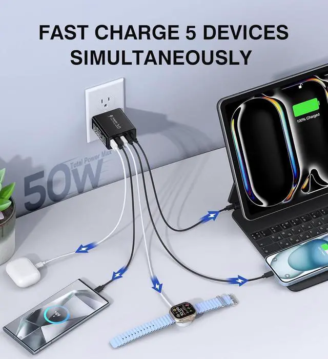 Alt view image 2 of 7 - [2-Pack] USB C Wall Charger 50W USB C Charger Block 5-Port PD Fast Charging Blocks 2USB C+3USB A Multiport Plug Type C Power Adapter Brick Cube for iPhone 16/15/14/13/Pro  for SwitchBlack