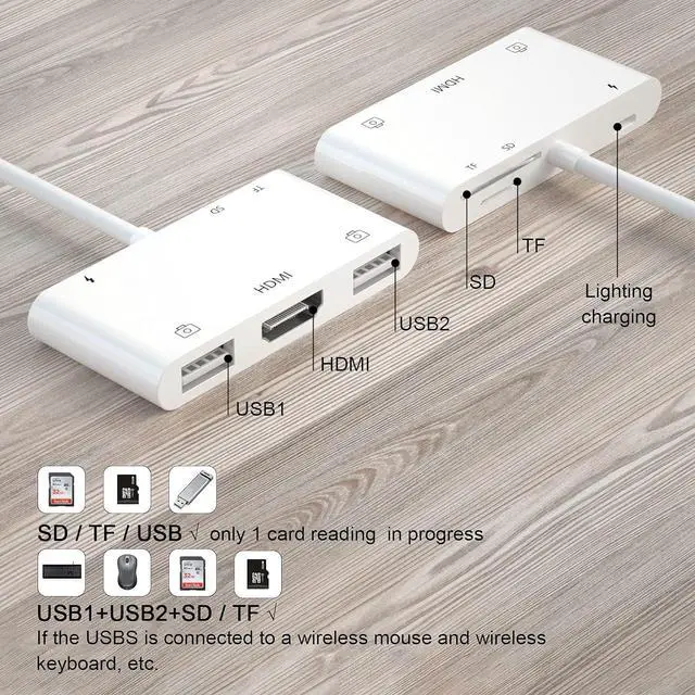 Alt view image 2 of 7 - HDMI Adapter for iPhone USB to iPhone Adapter SD Card Reader for iPhone 6 in 1 USB Camera Adapter Support MIDI Keyboard Mouse HD TV/Projector/Monitor No APP Needed