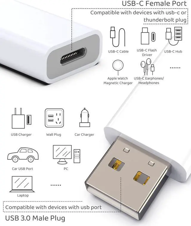 Alt view image 2 of 7 - USB to USB C Adapter for Car USB Port Support CarPlay USB Wall Plug USB Type-C Female to USB-A Male Adapter Work with Apple Watch iPhone 16 15 14 13 12 Pro Max Mini SE iPad Galaxy Pixel 9 8 7 6