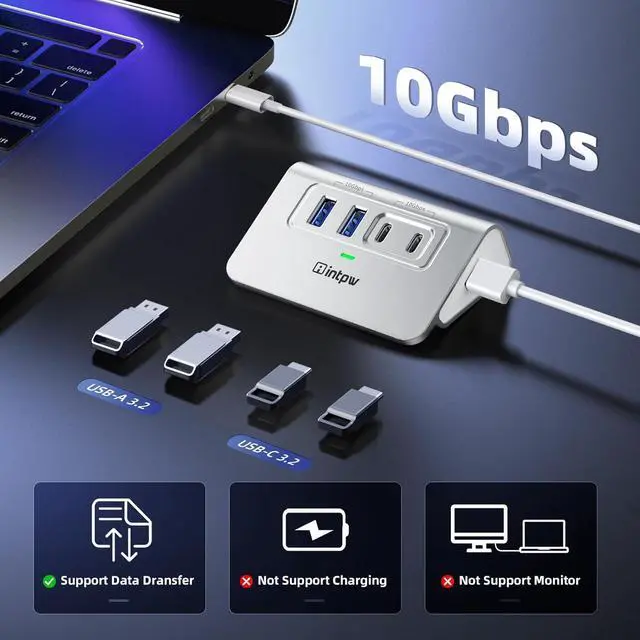 Alt view image 4 of 7 - Intpw USB C Hub, 4 Port USB Splitter 10Gbps with 2 USB C 3.2, 2 USB A 3.2 Data Ports, Aluminum USB 3.2 Hub with 3.3Ft Cable for Laptop, PC, Flash Drive, Camera, Keyborad, Mouse