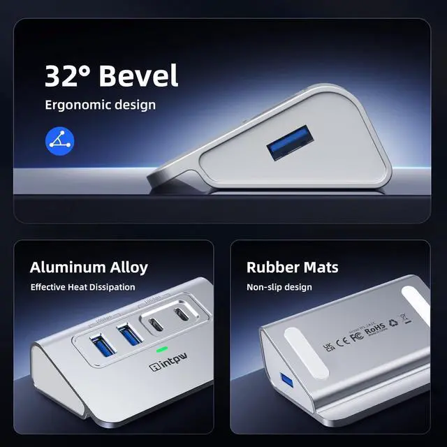 Alt view image 2 of 7 - Intpw USB C Hub, 4 Port USB Splitter 10Gbps with 2 USB C 3.2, 2 USB A 3.2 Data Ports, Aluminum USB 3.2 Hub with 3.3Ft Cable for Laptop, PC, Flash Drive, Camera, Keyborad, Mouse