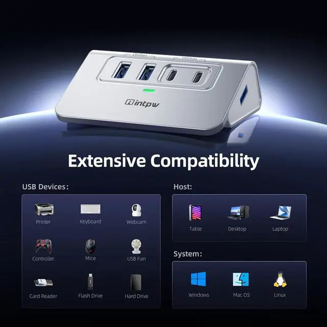 Alt view image 7 of 7 - Intpw USB C Hub, 4 Port USB Splitter 10Gbps with 2 USB C 3.2, 2 USB A 3.2 Data Ports, Aluminum USB 3.2 Hub with 3.3Ft Cable for Laptop, PC, Flash Drive, Camera, Keyborad, Mouse